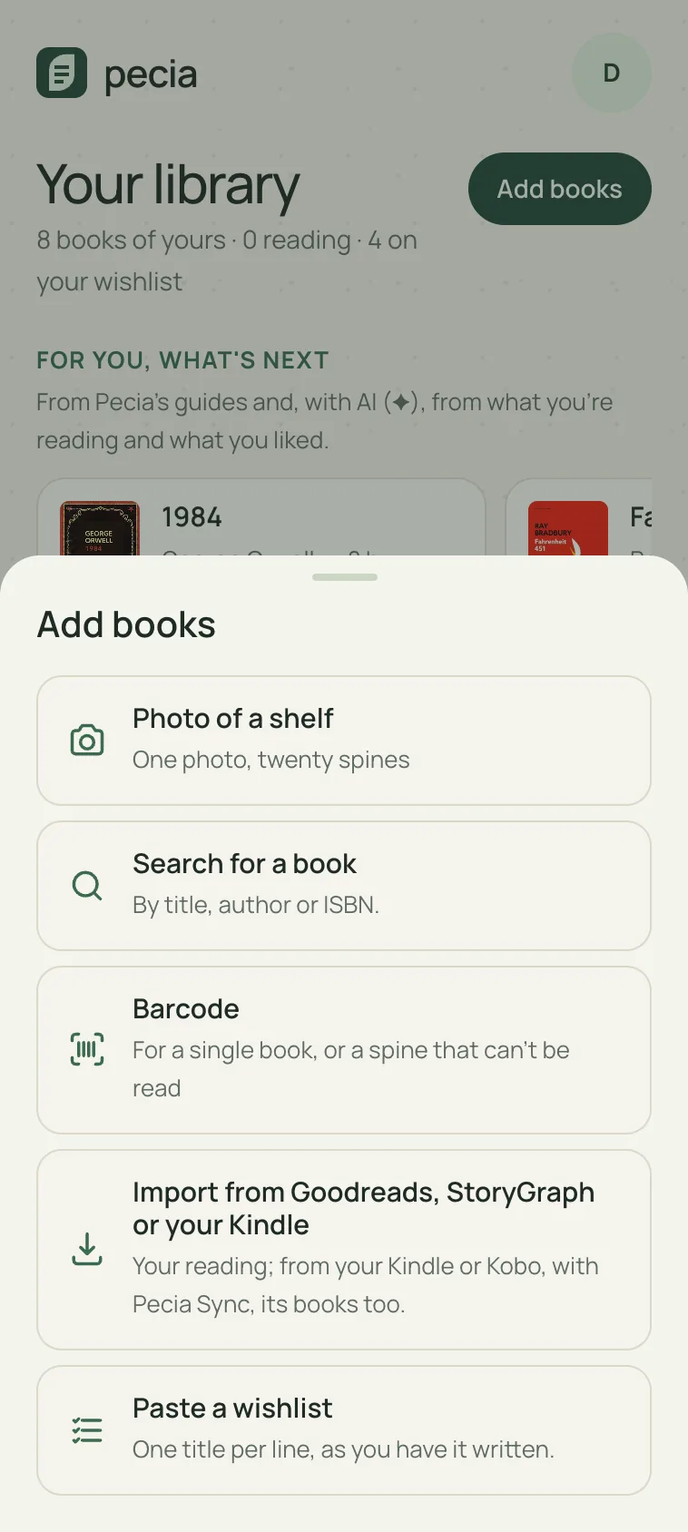 Pecia: the “Add books” menu, with shelf photo, search, barcode, import and pasted wishlist.