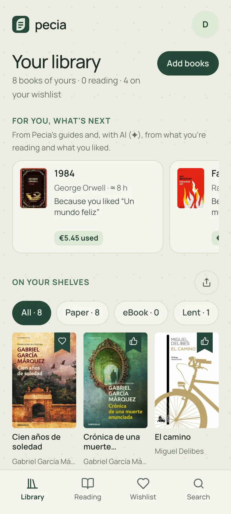 Pecia: the library, with “For you” suggestions and the books on your shelves.