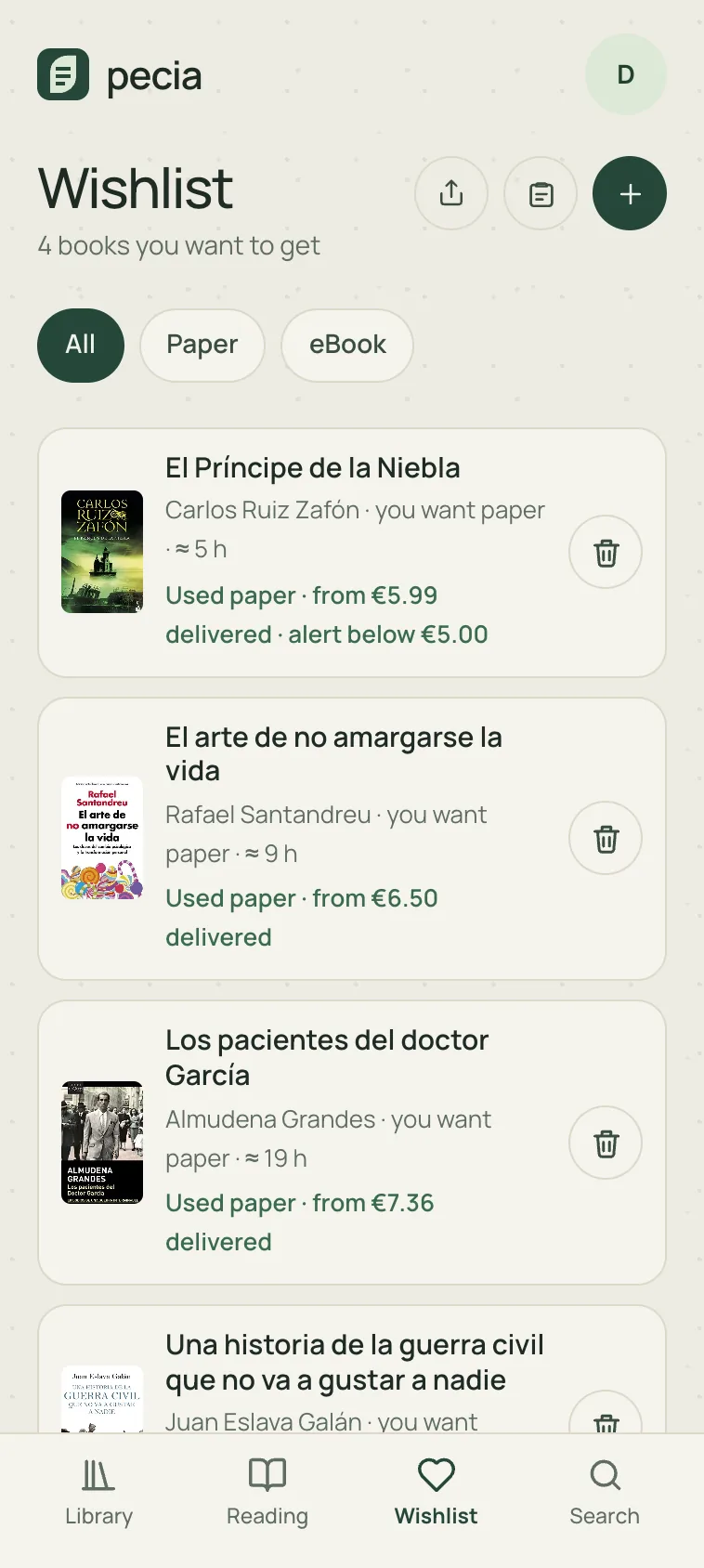 Pecia: the wishlist, with each book's second-hand price and an alert below €5.