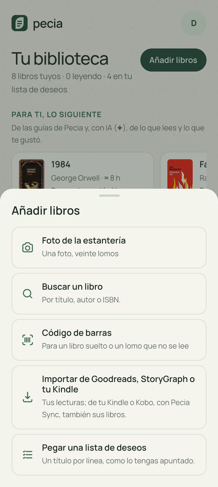 Pecia: el menú «Añadir libros», con foto de la estantería, búsqueda, código de barras, importación y lista de deseos.