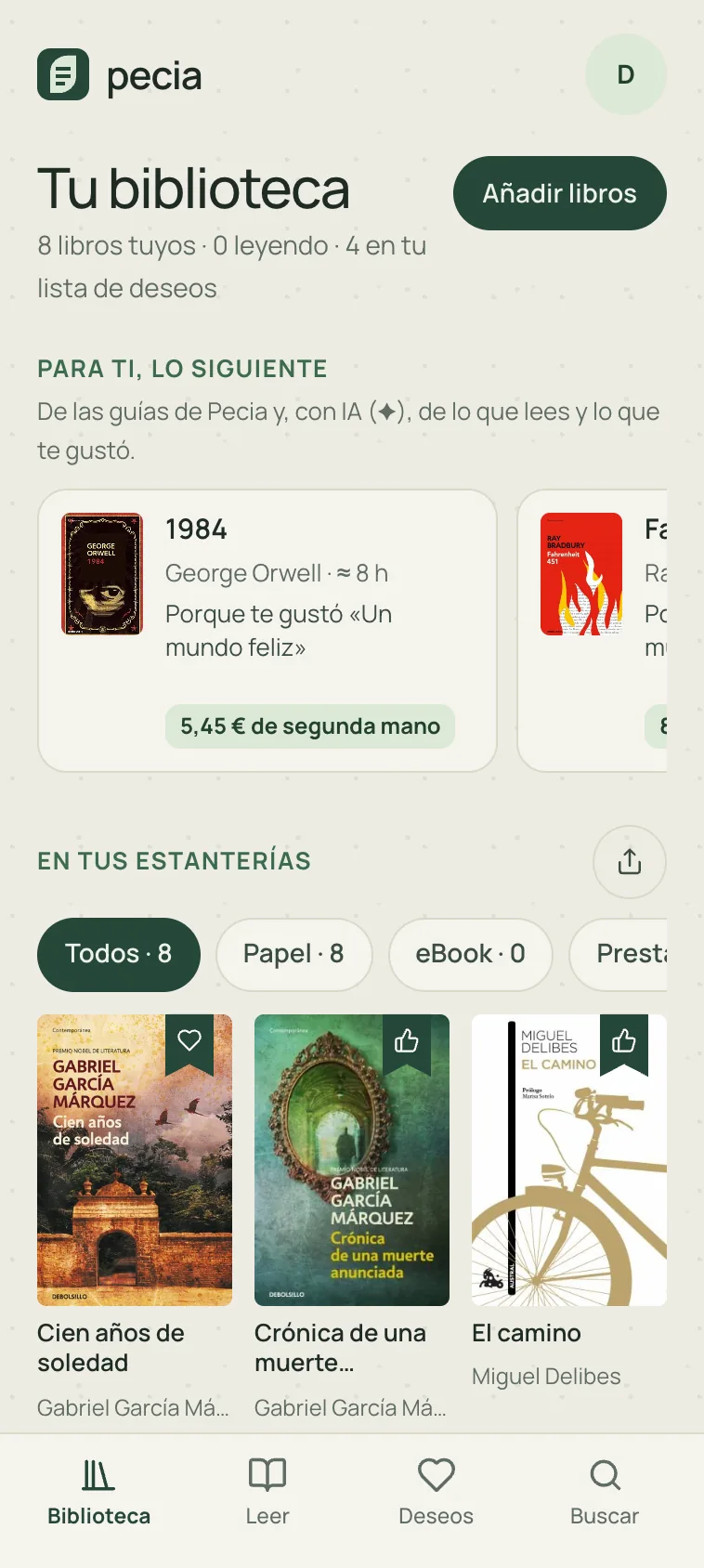 Pecia: la biblioteca, con las recomendaciones «Para ti» y los libros en las estanterías.