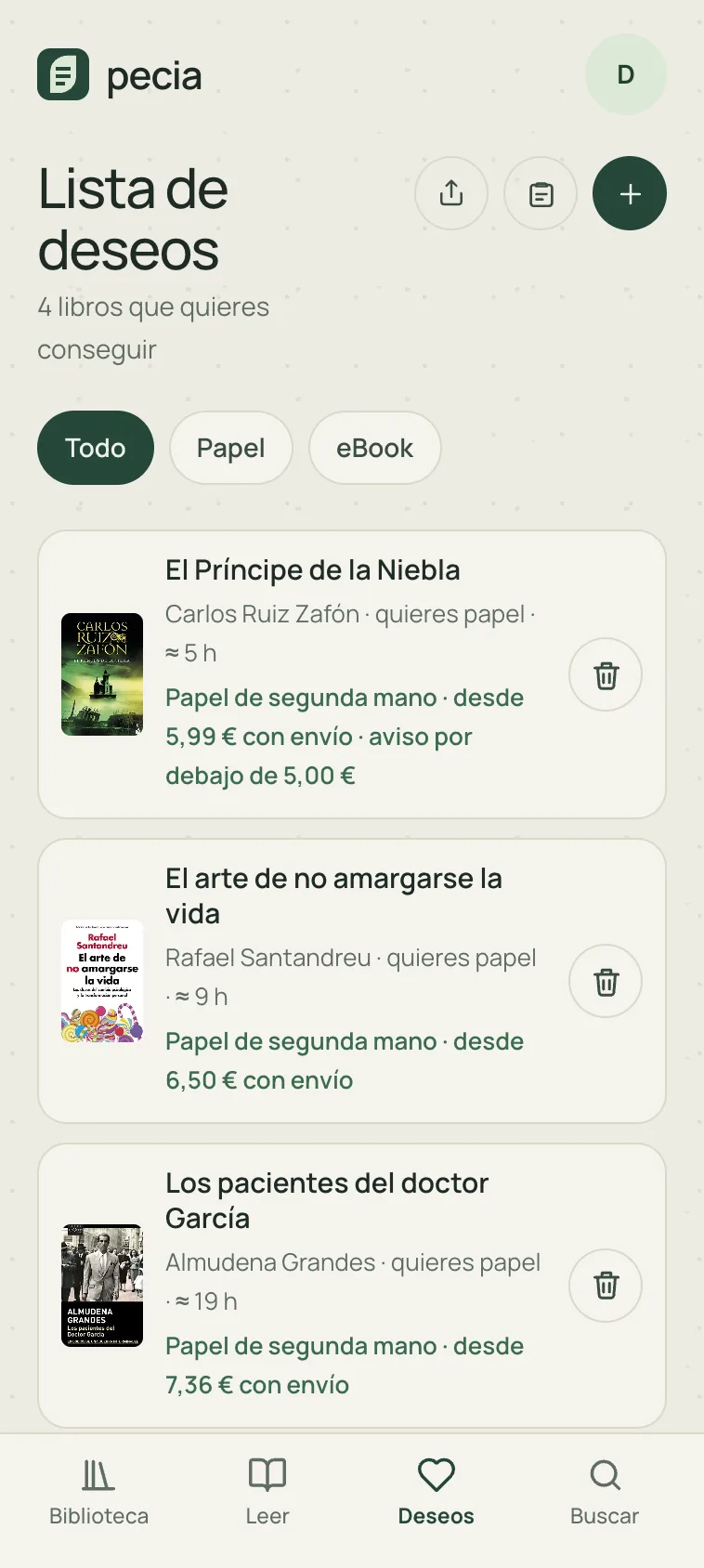 Pecia: la lista de deseos, con el precio de segunda mano de cada libro y un aviso por debajo de 5 euros.
